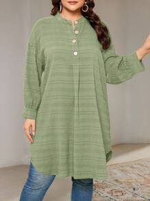 Veilorie Áo sơ mi vải họa tiết cổ tròn dài tay thường ngày cỡ lớn cho nữ, mùa hè - màu xanh lá - Xem 7