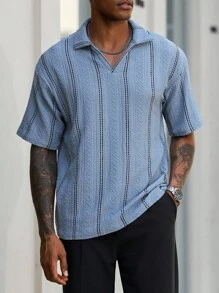 Manfinity Homme Business Style Men's Polo Shirt In Fabric With Regular Hem And Detailed Pattern Men Textured Shirt - BLUE AND BLACK - View 5