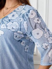 EMERY ROSE 大码女式休闲印花短袖衬衫，秋季大码，秋季上衣，教师大码，外出，飘逸上衣 - 彩色 - 查看 6