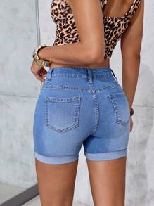 Jeanoix 女式休闲水洗低腰修身牛仔短裤，夏季 - 中等水洗藍 - 查看 2