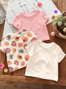 SHEIN 3件套女宝宝可爱奶油白、奶油杏色、奶油粉色秋季主题蝴蝶、南瓜、幽灵印花圆领短袖T恤，适合女宝宝，休闲百搭，适合户外、街头风、居家、派对等场合，万圣节必备 - 彩色 - 查看 2