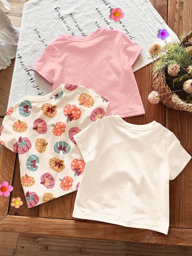 SHEIN 3 件套女婴可爱奶油白色、奶油杏色、奶油粉色秋季主题蝴蝶、南瓜、鬼魂印花圆领短袖 T 恤，适合女婴，适合户外、街头风格、家居、派对休闲装，万圣节百搭 - 彩色 - 查看 2