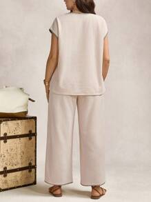 Zelara Plus Size Women 2Pcs Set Contrast Color Ruffle Short Sleeve Top & Wide Leg Linen Pants,Beige,Summer,Casual,Curve,Loungewear Outfit Old Money Style - Apricot - View 2