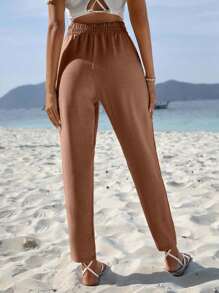 EURMUSE Solid Belted Carrot Pants - Khaki - View 2