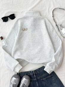 少女字母与美国国旗印花拉链休闲连帽衫 - 淺灰色 - 查看 2