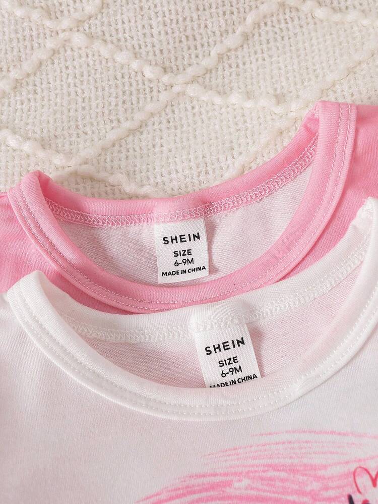 SHEIN 4 件套女婴圆领短袖 T 恤，卡通印花，插肩上衣和裤子套装，柔软舒适面料，百搭韩版夏季新品 - 彩色 - 查看 5