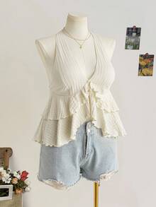 Dreamara 女士黄色露背荷叶边衬衫，甜美性感，适合夏季度假 - 杏色 - 查看 3