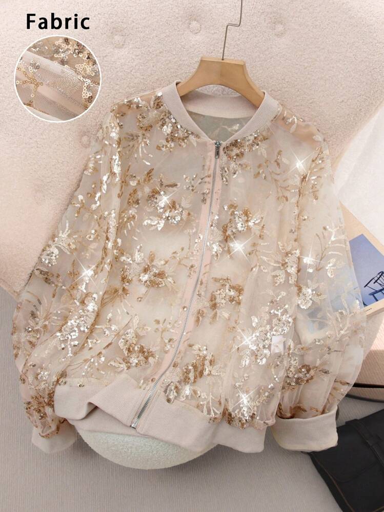 SHEIN Clasi Plus Size Elegant And Romantic Zip-Up Jacket With Sequin Decor, Casual,Gold,Halloween,Halloween Costumes,Halloween Costumes Women,Fall Clothes For Women,Fall Clothes Plus Size,Fall Outfits For Women,Fall Outfits Women,Cropped Jacket,Zip Up Hoodie Women,Festival,Autumn,Wedding Guest,Winter Coat Women,Festival Outfits,Bomber Jacket Women,Winter Jacket,Winter Coat,2025 New - Gold - View 11