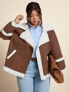 SHEIN LUNE Chaqueta de moto casual de talla grande con forro de piel sintética, para otoño/invierno - Caqui - Ver 6