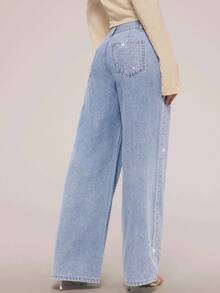 SHEIN Forever 21 复古水洗散钻细节直筒牛仔裤春季中腰牛仔裤节日夏季下装水钻牛仔裤 - 淺藍色 - 查看 8