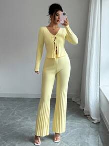 Elenzga 2pcs Set Elegant Commuter Solid Color Tie-Up Cardigan & Knit Pants Yellow Two Piece Set Ribbed Two Piece Set Two Piece Sets For Women Butter Yellow Two Piece Set Tie Front Two Piece Set Fall Winter Cloth For Women