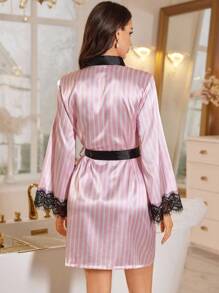 LuxeNights Elegant Pink Satin Robe With Knot Detail And Long Sleeve, Lingerie Satin Robe With Lace Trim Striped Sleepwear, Fall  Cozy And Elegant Details