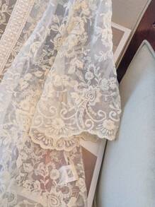 GlowEve CURVE Plus Size Women V-Neck Tie-Up Sheer Vacation Blouse, Half Sleeve Openwork Embroidered Cardigan Outerwear - Apricot - View 5