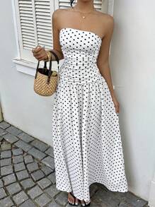 MainGRL Women's White Polka Dot Print Ruffle Fashionable Strapless Maxi Tube Dress, Suitable For Vacation,Fall Outfits For Women,Wedding Guest Dress,Birthday Dresses For Women ,Going Out Outfits,