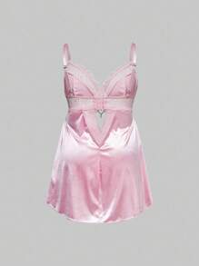 ROMWE Kawaii Baby Doll Silky Satin Lace Patchwork Plus Size Sexy Dress Set - Pink - View 9