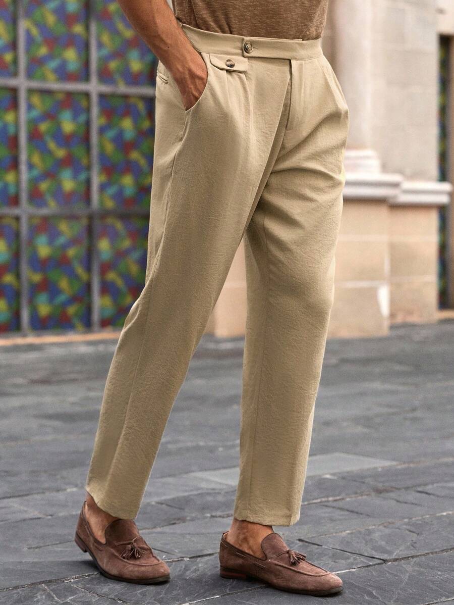 HIMLAND Pantaloni casual da uomo in vita media, gamba dritta, con pieghe, pantaloni con pieghe da uomo in vita alta, pantaloni beige da uomo, pantaloni eleganti da uomo, pantaloni kaki da uomo, pantaloni kaki larghi da uomo, pantaloni casual da uomo
