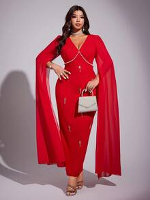 Viva Relle 大码女士优雅浪漫奢华派对、宴会、婚礼宾客、新年轻盈连衣裙，饰以钻石和珍珠，V领，雪纺泡泡袖，收腰设计，直筒廓形，长款连衣裙，秋冬款 - 紅色 - 查看 5