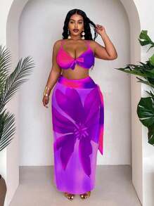 Slaydiva Bộ đồ bơi 3 mảnh cỡ lớn cho nữ, váy in họa tiết ombre ngẫu nhiên, phong cách đơn giản gợi cảm, quần lót cạp cao, bộ bikini xẻ tà thời trang hàng ngày - Màu tím - Xem 5