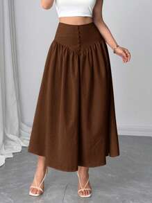 Firerie 新款休闲百搭轻薄仿亚麻喇叭裙，夏日度假波西米亚风优雅休闲裙 - 棕色 - 查看 5