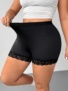 SHEIN EZwear 大码女式黑色功能性针织罗纹面料蕾丝边纯色休闲百搭高腰紧身骑行短裤紧身裤 - 黑色 - 查看 7