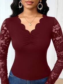 SHEIN Lady 2025新款优雅通勤纯色蕾丝拼接修身长袖T恤纯色上衣外出上衣女式长袖T恤长袖上衣，女士秋季服装 - 酒紅色 - 查看 8