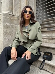 Firerie Elegante abrigo de trinchera de mujer de manga larga de doble botonadura con cintura ceñida y largo cropped, para uso casual, oficina y commuting, en color verde, para otoño - Verde - Ver 5