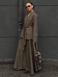 DAZY 女士时尚西装套装（西装外套和裙子）商务装 - 咖啡棕 - 查看 7