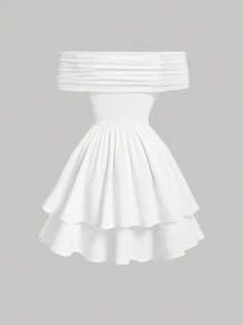 SHEIN MOD 女士露肩褶皺腰帶連衣裙