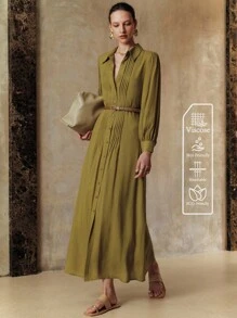 Arave 女士天丝纯色衬衫领全纽扣装饰长袖束腰系带舒适透气休闲连衣裙，适合夏秋季日常、度假、约会、通勤、购物 - 綠色 - 查看 5