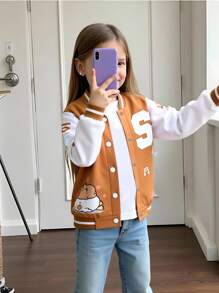 Casual Cute Capybara Print Young Girls Fleece Sweatshirt, Khaki Brown, Japanese Style, Front Pouch, Duck Print, Left Chest S Embroidery, Sleeve English Letter Print, Ribbed Collar & Cuffs & Hem, Long Sleeve Jacket, Suitable For Daily Wear, Outings, Travel, Vacation, Parties - Coffee Brown - View 1