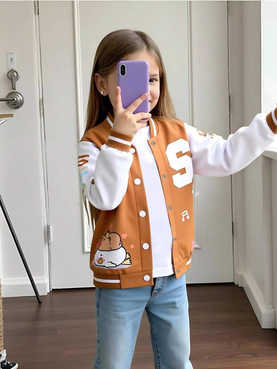 Casual Cute Capybara Print Young Girls Fleece Sweatshirt, Khaki Brown, Japanese Style, Front Pouch, Duck Print, Left Chest S Embroidery, Sleeve English Letter Print, Ribbed Collar & Cuffs & Hem, Long Sleeve Jacket, Suitable For Daily Wear, Outings, Travel, Vacation, Parties - Coffee Brown - View 1