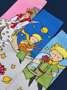 LE PETIT PRINCE X SHEIN 3 đôi tất dài đến bắp chân mềm mại, thoáng khí, thấm hút mồ hôi, thường ngày cho nữ, màu hồng và xanh dương, thời trang và dễ thương, mũi và gót được gia cố để bền bỉ trong mọi mùa, phù hợp với mọi phong cách, mặt trăng và ngôi sao - Nhiều màu - Xem 3