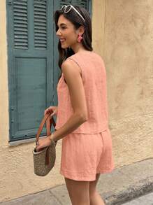 Selianne Conjunto de 2 piezas informal de chaleco y shorts de unicolor para mujer, para verano - Naranja Coral - Ver 2