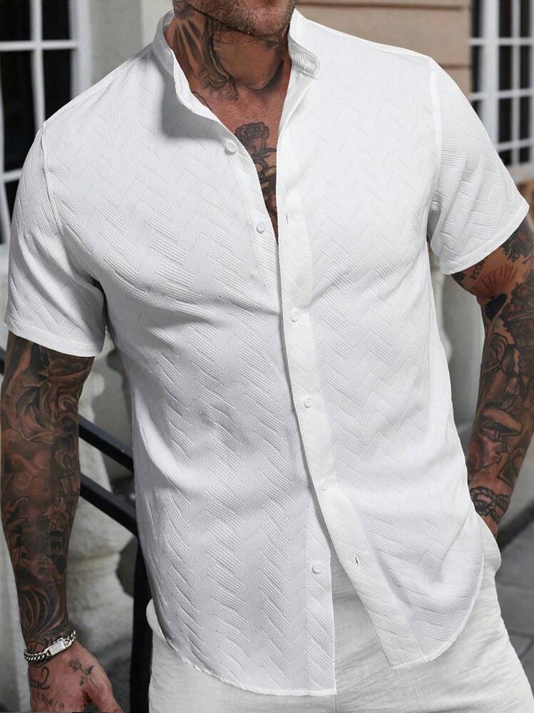 Manfinity CasualCool Camisa casual de manga corta con cuello mao y botones para hombre, color blanco - Blanco - Añade 3