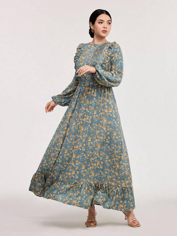 Veilorie Pleated Panel Ruffle Trim Lantern Sleeve Self Belted Modest Long Sleeve Dress - Multicolor - View 4