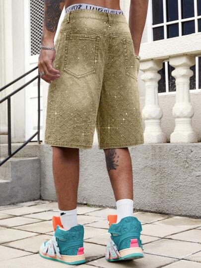 Street Life Men's Pocket Flare Leg Sparkling Rhinestone Denim Shorts