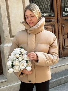 Cloudara Damen Kurze einfarbige Daunenjacke für den Winter - Schwarz - Übersicht 6