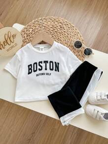 Baby Boy/Girl Casual Street Style Letter Print Short Sleeve Top Elastic Waist Color Block Pants Set - Multicolor - View 3