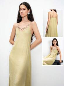 Lumivelle Vestido de satén y brillo con textura de tela de unicolor, decoración de anillo de metal para mujer, vestido de cadena de vacaciones, vestido de verano para la universidad - Verde - Ver 5