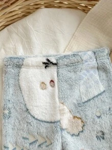 2pcs Baby Boy Christmas Snowman Pattern Ribbed Round Neck Long Sleeve Top & Flannel Pajama Pants Set, Soft & Comfortable, Suitable For Autumn/Winter - Blue and White - View 6