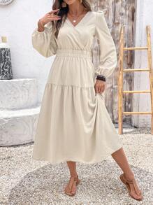 EMERY ROSE Rochie lungă casual de damă, cu mâneci bufante și decolteu în V, de culoare caisă - Caisă - Vizualizare 7