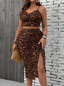 SHEIN VCAY Plus Size Leopard Print Camisole Top And Slit Hem Skirt 2pcs Set, Resort Wear,Holiday Outfits - Brown - View 6