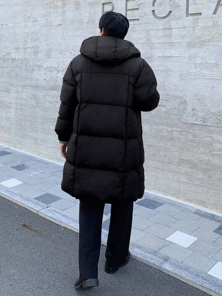 Men's Thick Hooded Black Padded Coat, Winter