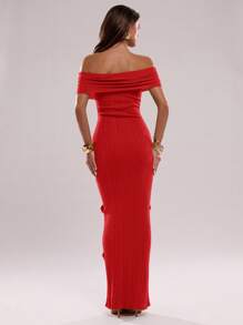 SHEIN BAE 性感女士半透明红色露肩连衣裙 - 紅色 - 查看 2