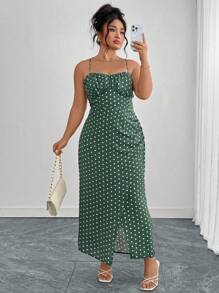 Flirla Plus Size Women's French Style Vacation Beach Gathered Bust Shirred Waist Slip Dress, Sleeveless, Suitable For Spring & Summer