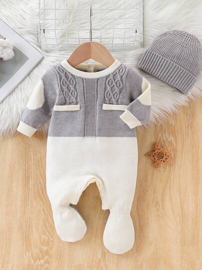 SHEIN Infant/Toddler Boys' Crew Neck Contrast Color Knit Casual Sweater RomperNewborn Baby Sweater   Newborn Sweater Crawling Suit Is Cute, Casual And Versatile. It Is A Light Gray Fake Pocket Contrasting Color Knitted Sweater And A Contrasting Color Fake Pocket Hooded Sweater. The Crawling Suit Fits Well And Has An Open Collar. It Is A Contrasting Color Newborn Sweater Crawling Suit. The Woolen Jumpsuit Is Soft And Comfortable For Spring, Autumn And Winter. It Is Suitable For Daily Use, Outdoor Use, Travel Use, Vacation Use, Home Use And Nursery Use. It Is Suitable For Children To Play With Fall