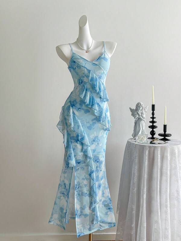 SHEIN MOD Summer V-Neck Ruffle Trim High Slit Tie Dye Print Long Slip Dress,Summer Dresses For Women,Pastel Dresses For Women