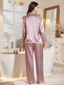 LuxeNights 女士仿丝条纹长袖上衣和裤子缎面睡衣套装、睡衣套装、秋装 - 粉色 - 查看 2