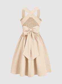 SHEIN Tween Girls' Backless Bow Decor Cross Strap Casual Sleeveless Dress - Beige - View 3