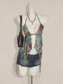 SHEIN ICON 女式豹纹不对称下摆无袖上衣，复古豹纹露背吊带背心 - 彩色 - 查看 5